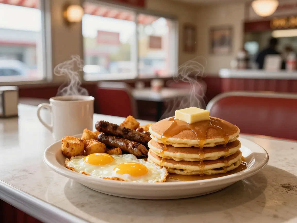 a loaded diner breakfast plate with eggs, hashbrowns, and pancakes on the counter