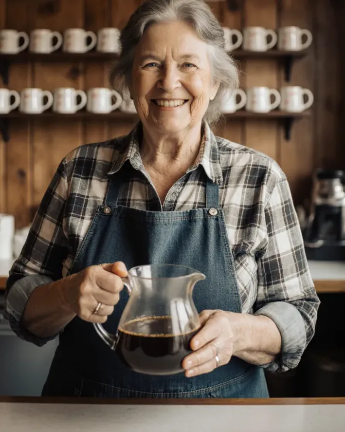 Ruth Maki, owner, behind the diner counter with a coffee pot