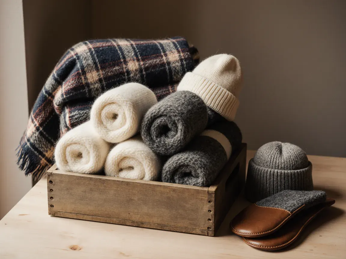 wool socks, blankets, and cold-weather layers