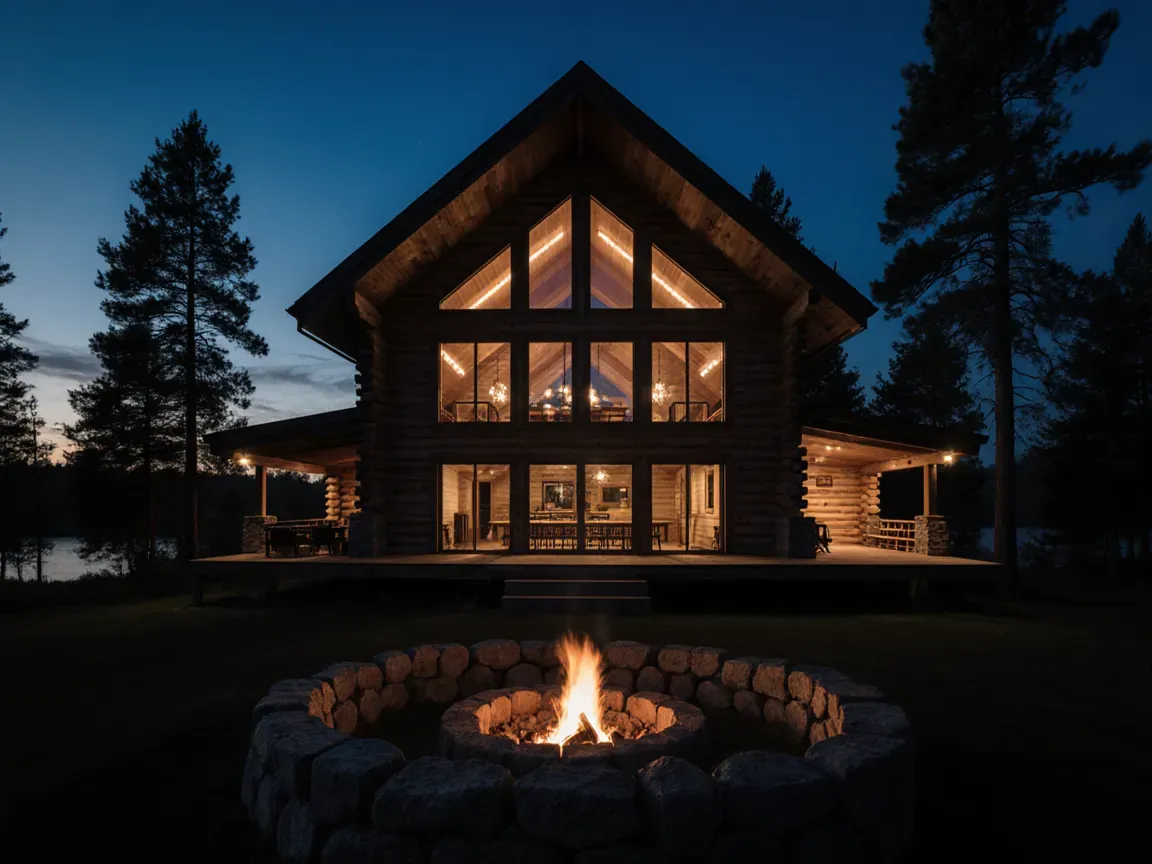 Whitepine Lodge with its vaulted great room and shoreline fire pit