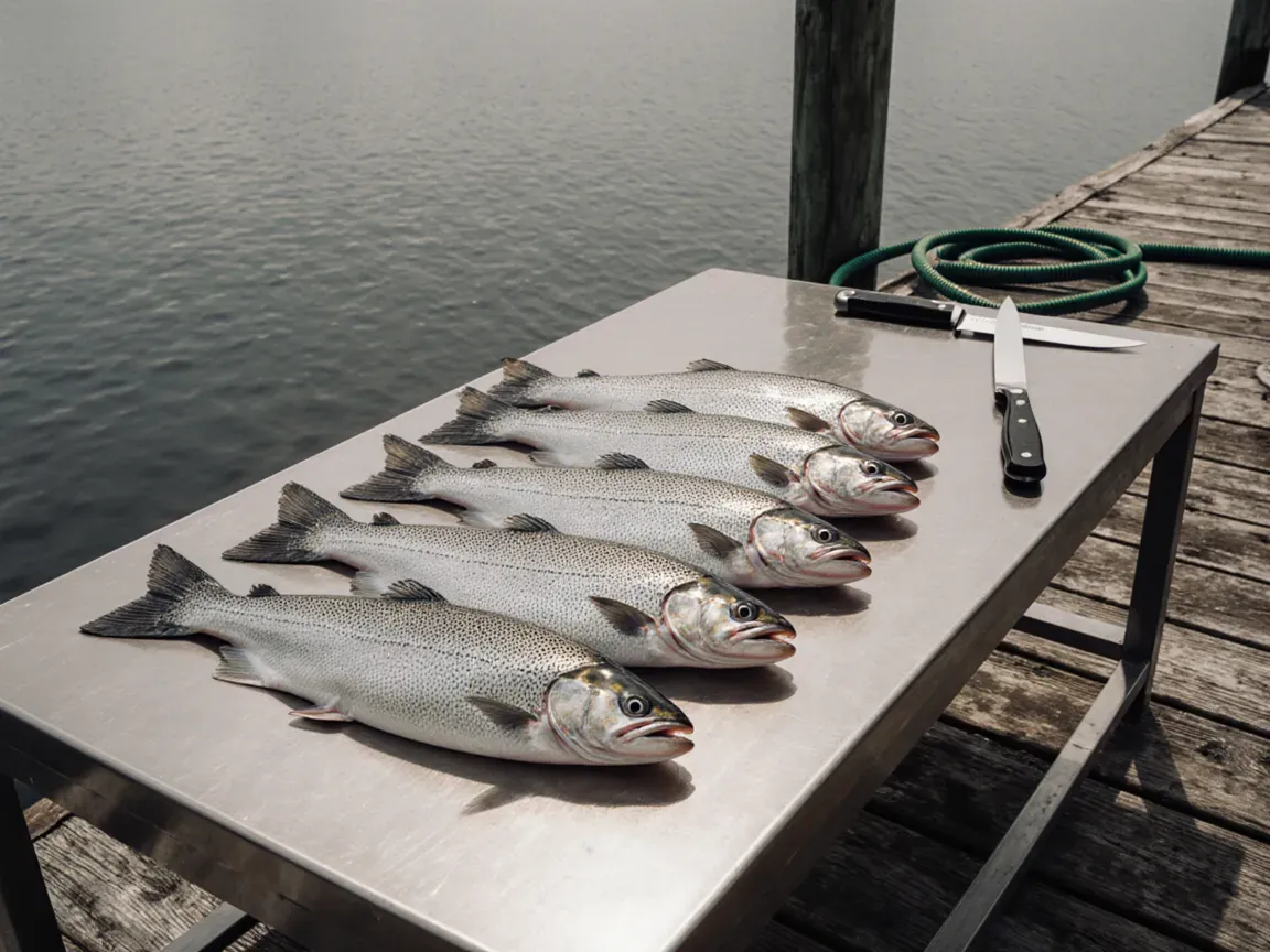 a full-day salmon and trout haul at the cleaning dock