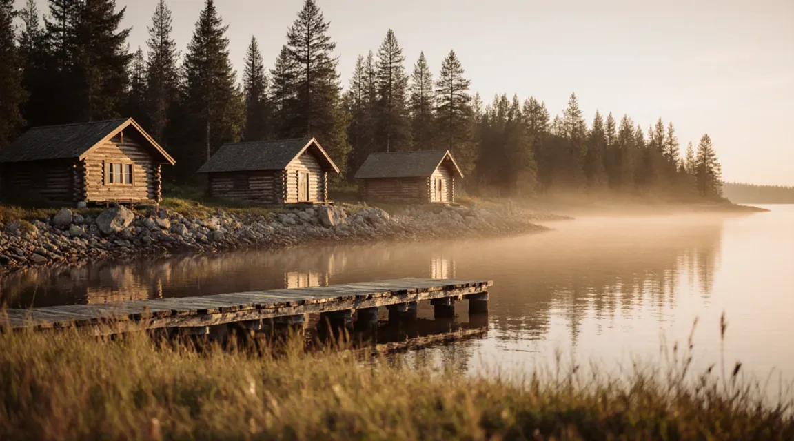 Superior Pines log cabins at golden hour on the Lake Superior shore near Bayfield