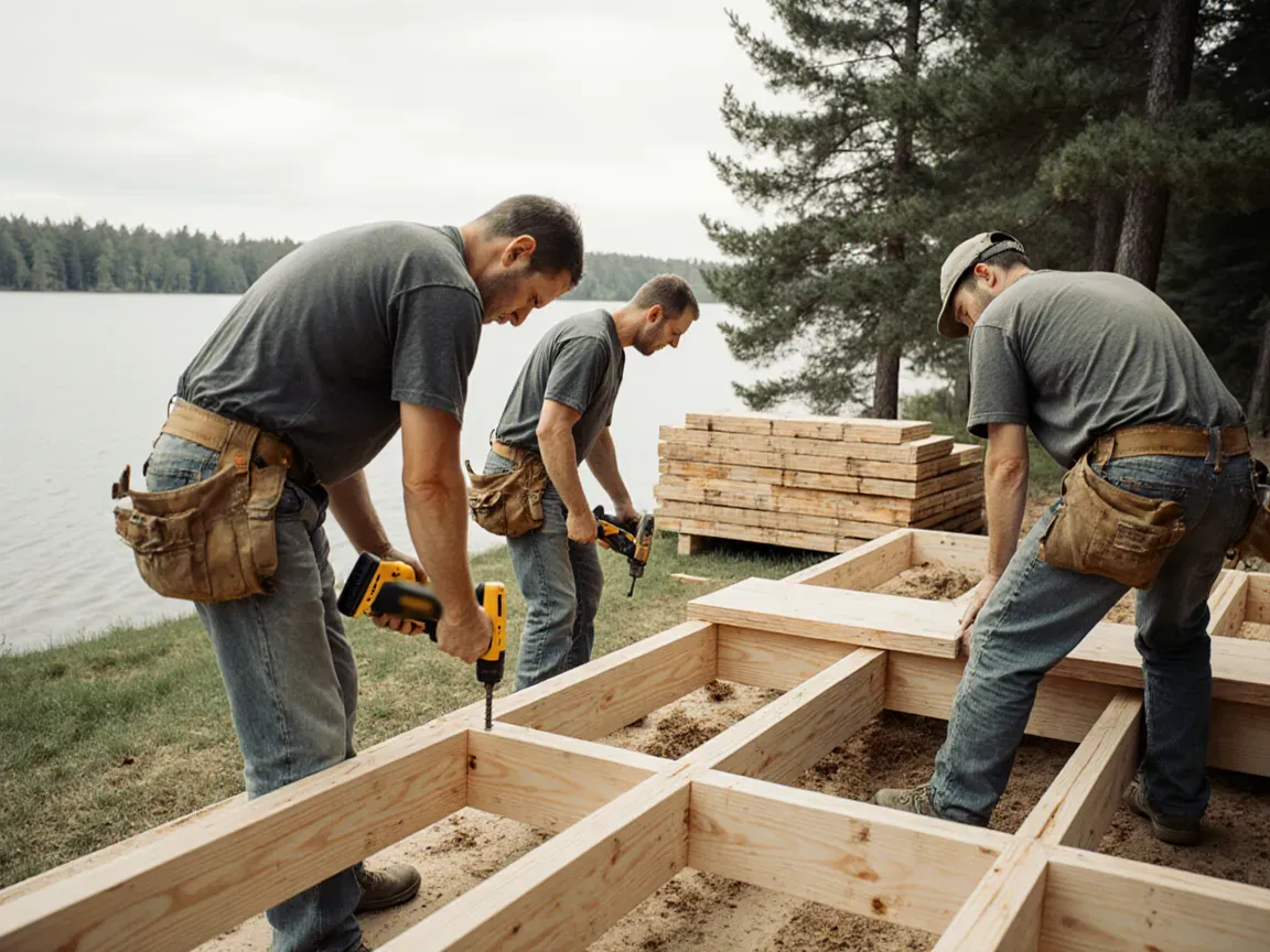 the Keweenaw Point Builders crew framing a lakeside deck