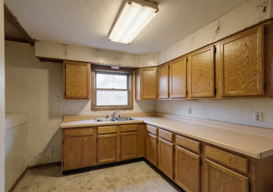 a dated kitchen with oak cabinets, laminate counters and stained walls